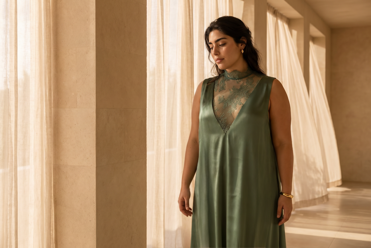 Satin Gown with Lace Neckline