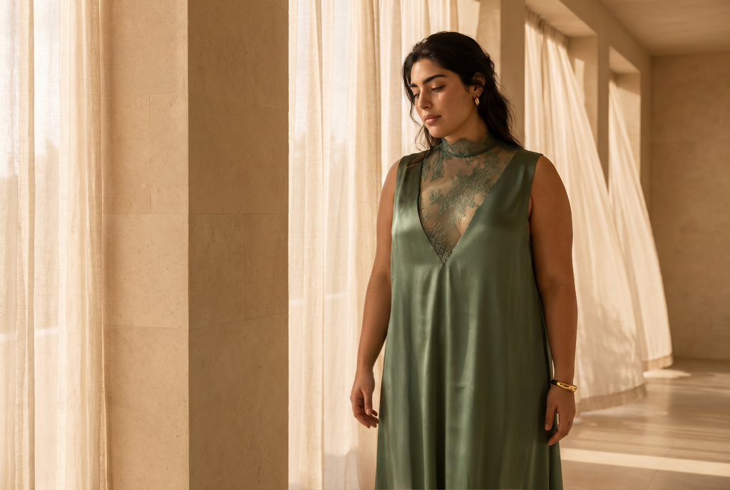 Satin Gown with Lace Neckline