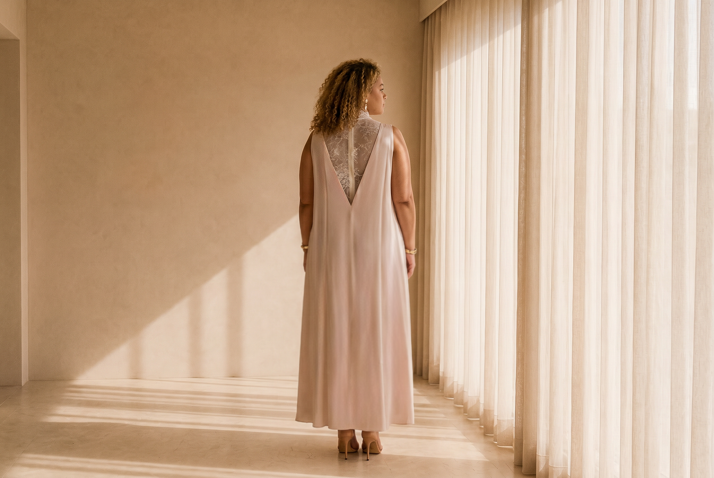 Satin Gown with Lace Neckline