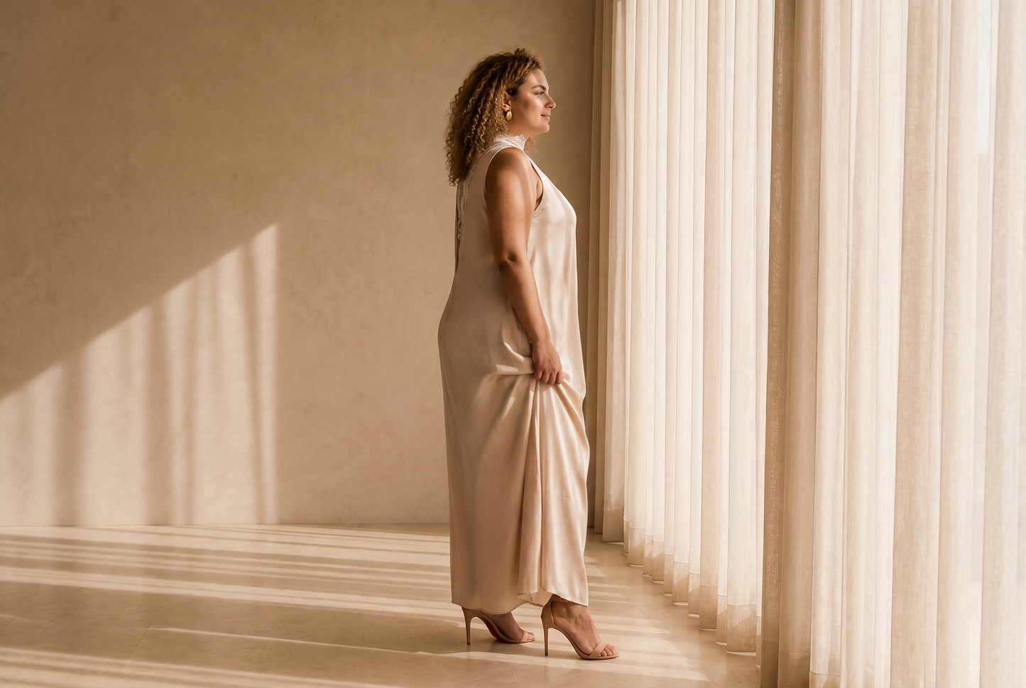 Satin Gown with Lace Neckline
