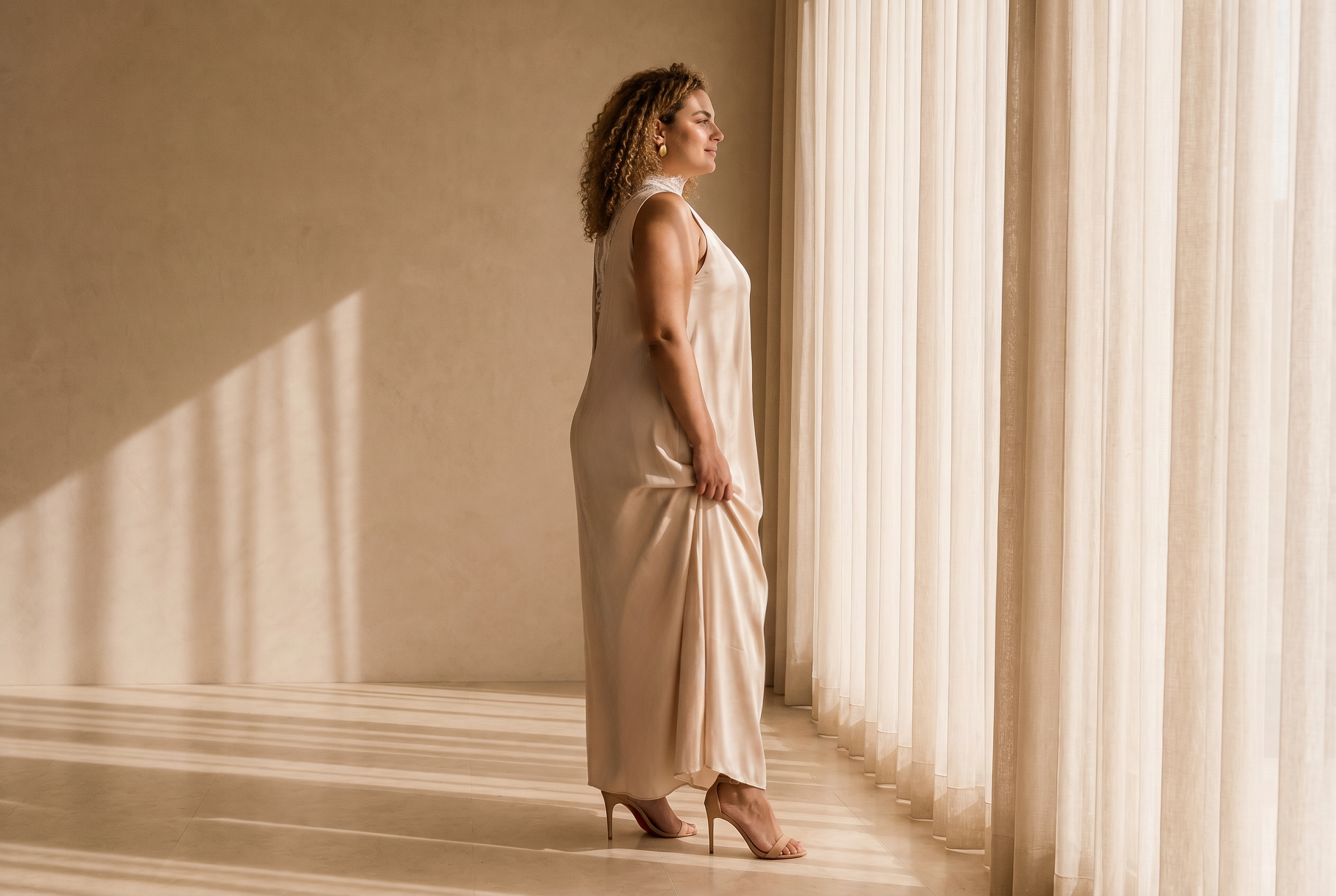 Satin Gown with Lace Neckline