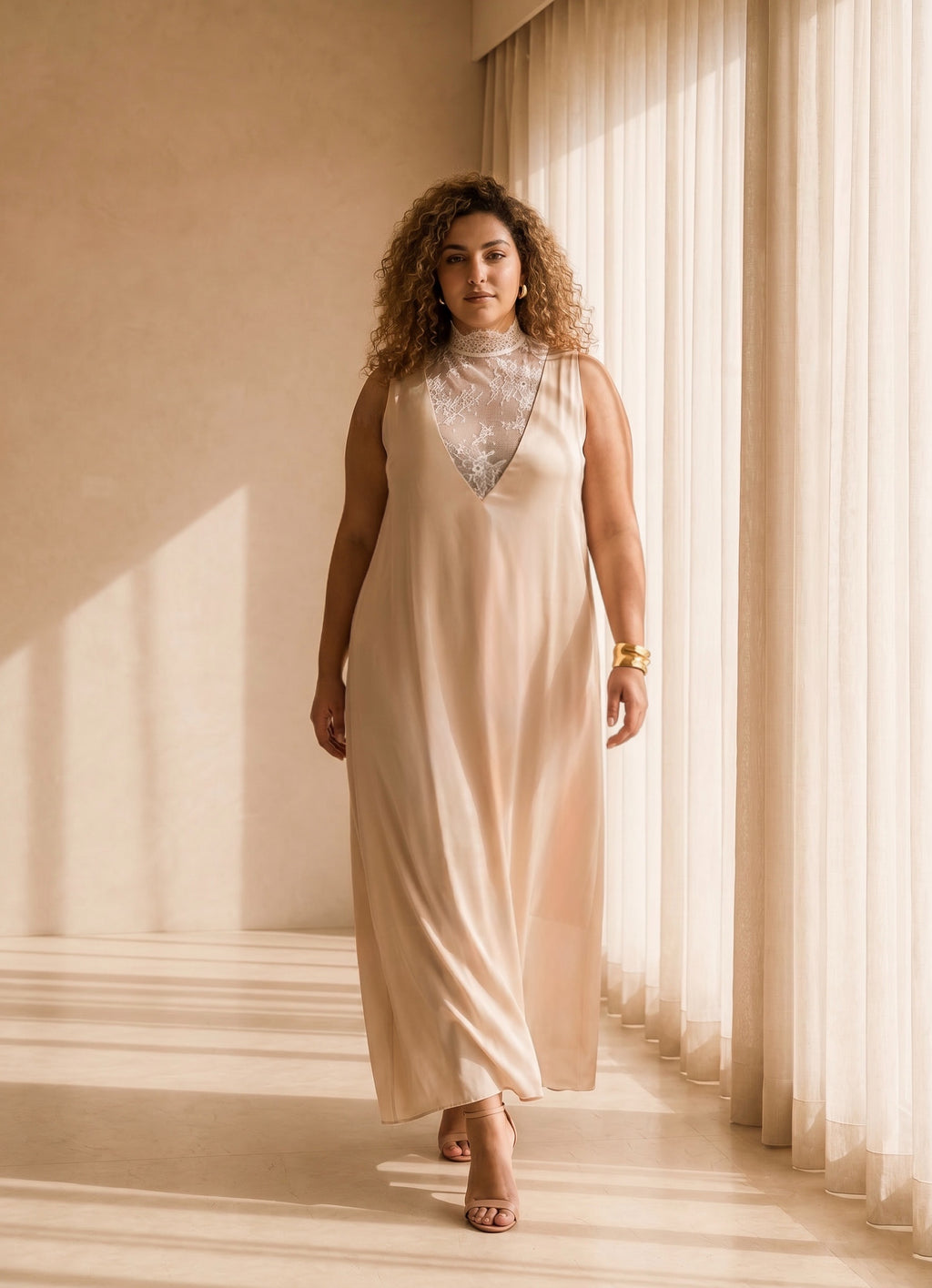 Satin Gown with Lace Neckline