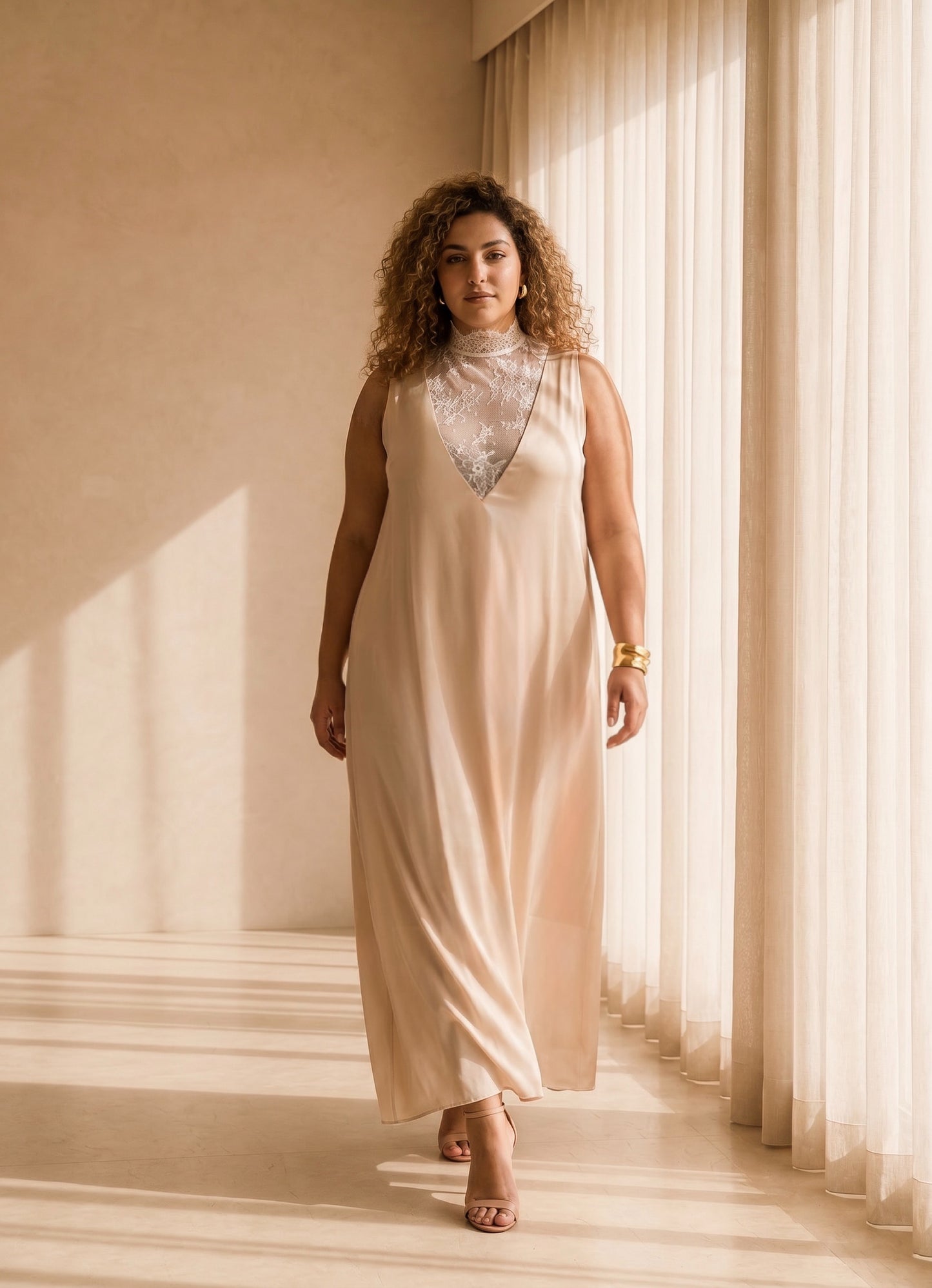 Satin Gown with Lace Neckline