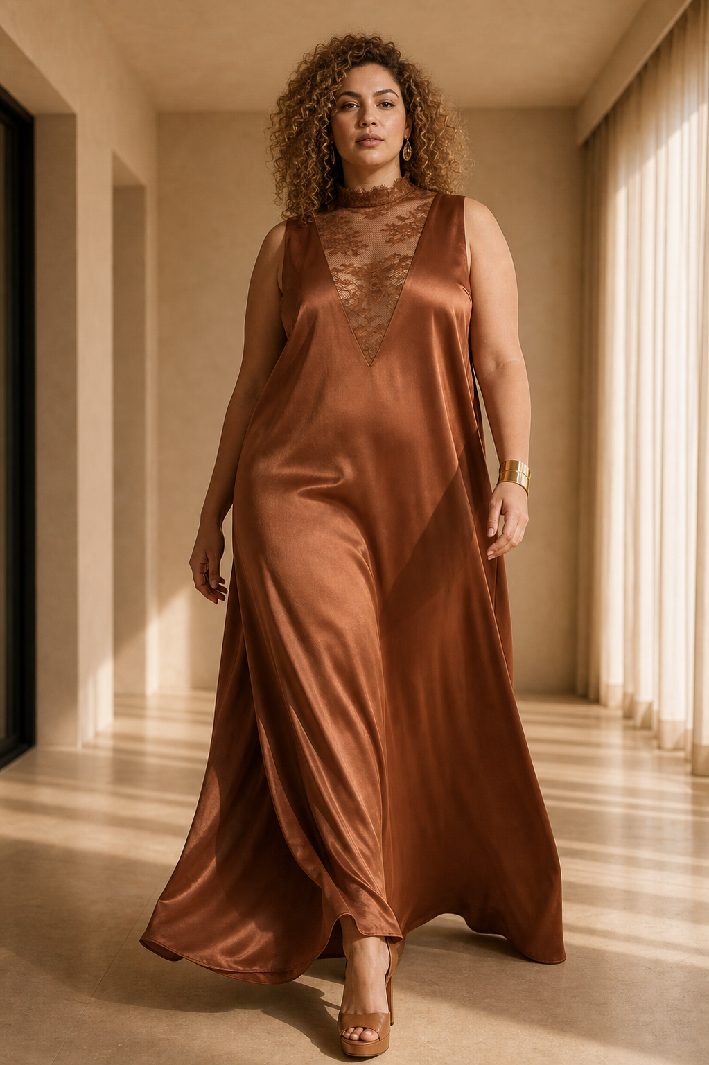 Satin Gown with Lace Neckline