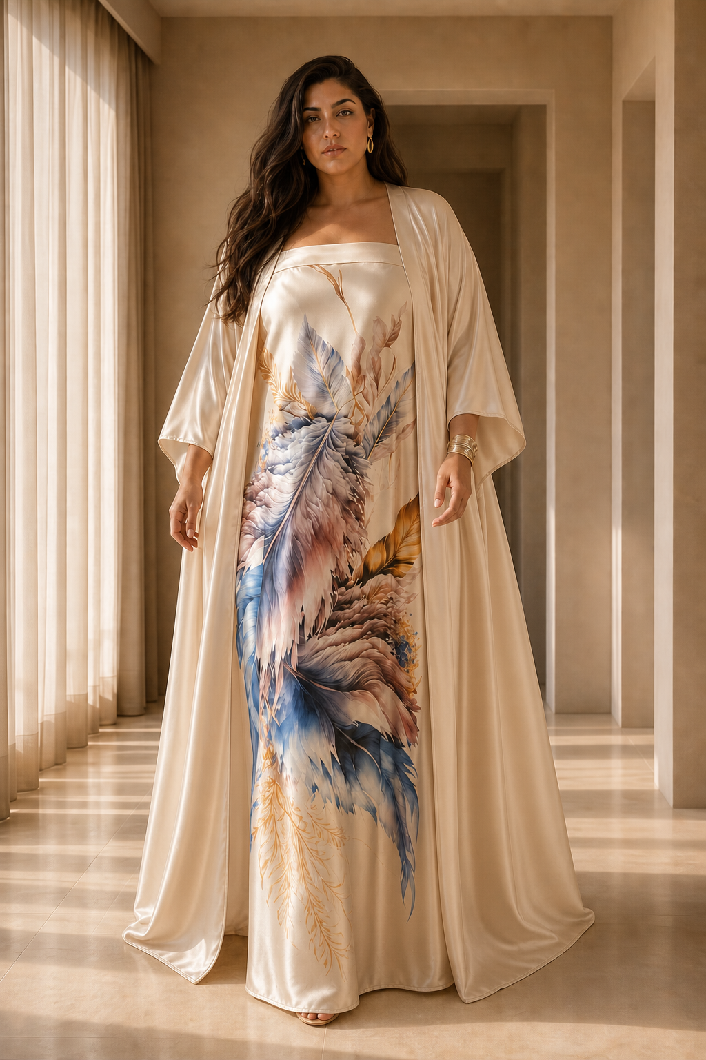 Strapless Satin Dress with Kimono