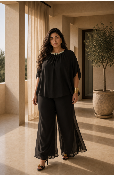 Black Crepe Poncho (Off-white & Pistache beads)