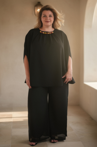 Black Crepe Poncho (Brown beads)