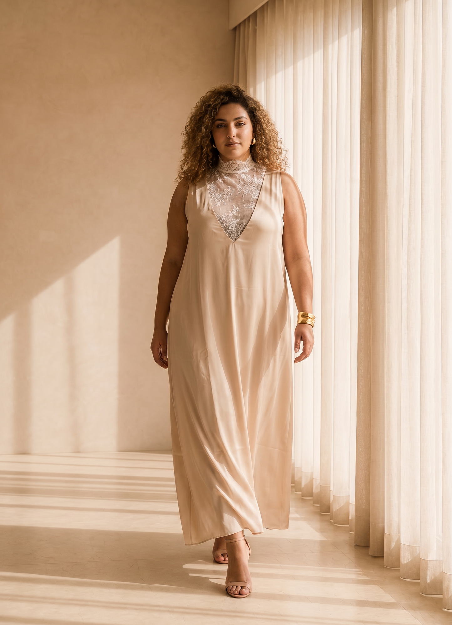 Satin Gown with Lace Neckline