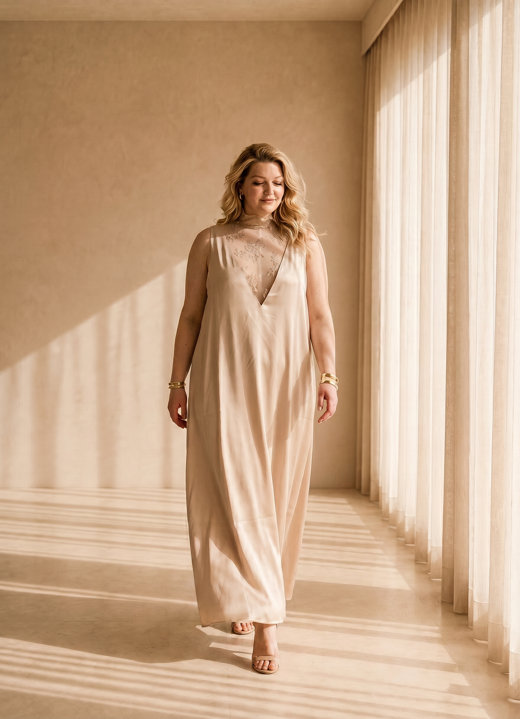 Satin Gown with Lace Neckline