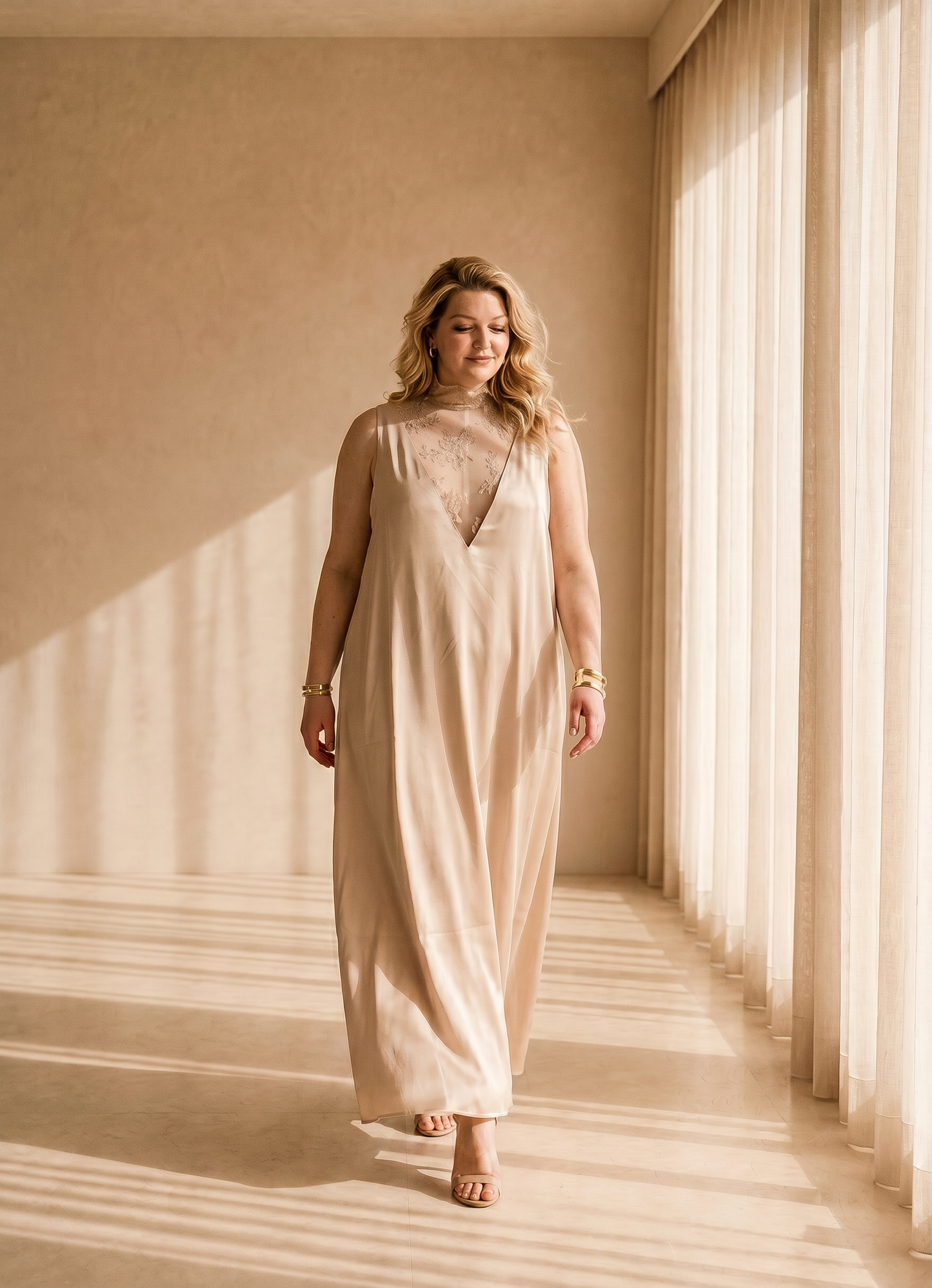 Satin Gown with Lace Neckline