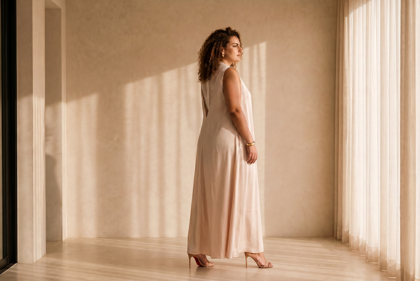 Satin Gown with Lace Neckline