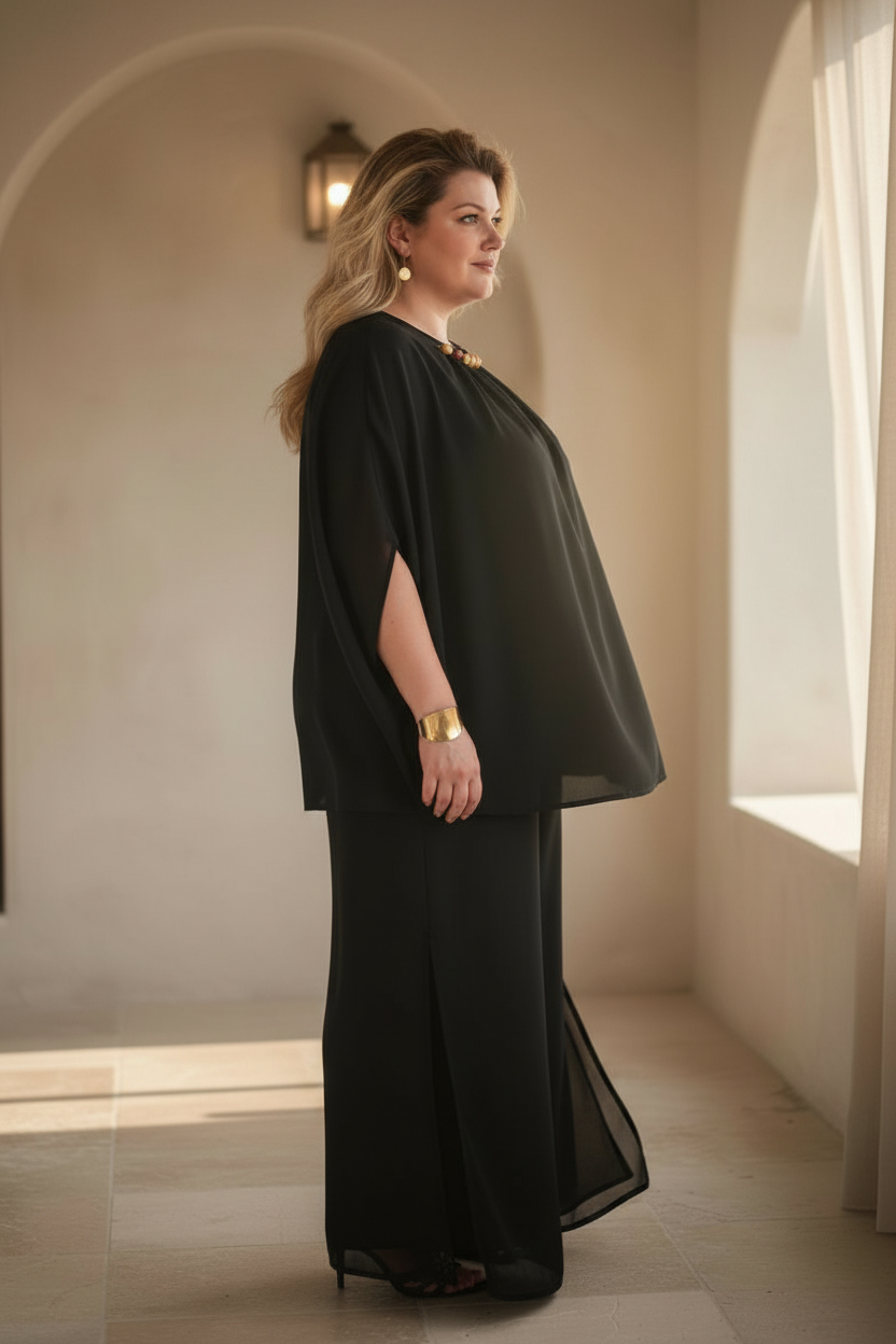 Black Crepe Poncho (Brown beads)